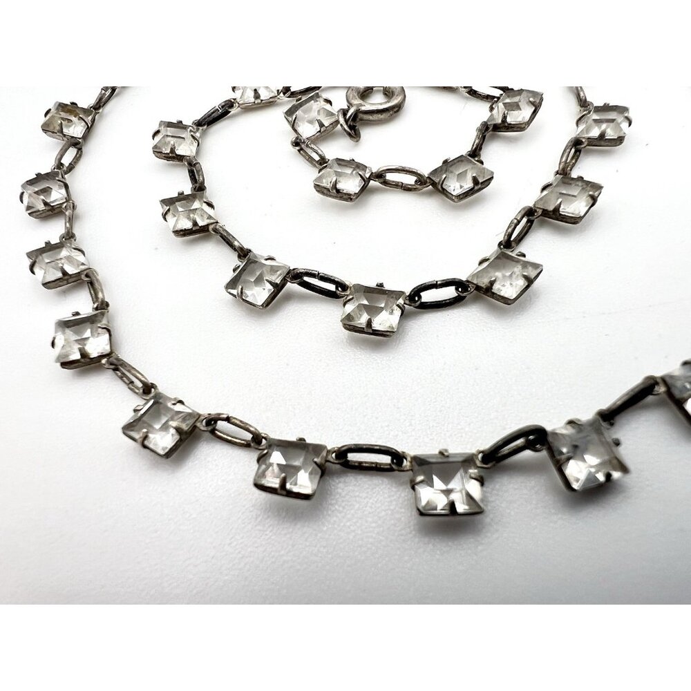 Antique Art Deco Dainty Sterling Silver Open Back Crystal Necklace - Picture 2 of 13